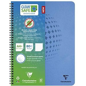 Clairefontaine 82252C - Een spiraalgebonden geperforeerd notitieboek Clean Safe - A4+ 22,5x29,7 cm - 160 pagina's uitneembare kleine ruitjes - Wit papier van 90 g - Cover van antimicrobieel karton