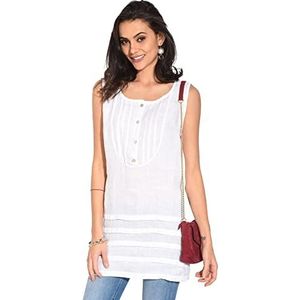 Damesjurk, 100% linnen, gemaakt in Italië, korte jurk met Tunesische kraag en ruches kousen, wit, maat: XL, Wit, XL