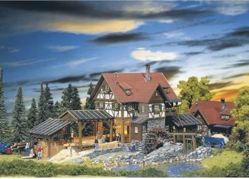 FALLER Zaagmolen modelbouwset met 569 onderdelen 345 x 200 x 145 mm I modelspoorbaan accessoires H0 I modelspoorbaan H0 zaagmolen met waterwiel