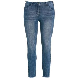 Ulla Popken Dames sarah, letterprint, hoge taille, smal, jeans met franjes, blauw denim, 56