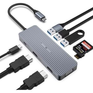 Tymyp USB-C Hub Docking Station Triple Display 4K HDMI voor Chromebook, 9-in-1 USB C Hub (2 HDMI, VGA, USB 3.0, USB 2.0 x 2, PD100W, SD/TF) Compatibel met Thunderbolt 3/Windows