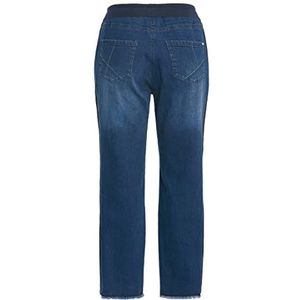 Ulla Popken Dames boyfriend, geribbelde tailleband, zijstrepen, franjezoom jeans, donkerblauw denim, 50