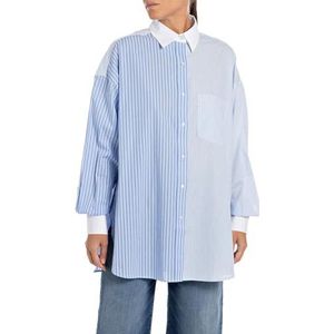 Replay - Longblouse Comfort Fit - Azuur/blauw/wit - Katoen Popeline