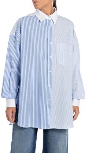 Replay - Longblouse Comfort Fit - Azuur/blauw/wit - Katoen Popeline