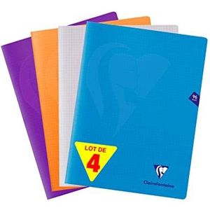Clairefontaine 293362AMZ - Set van 4 Mimesys Geniet Schriften - 24x32 cm - 96 Grote Ruiten Pagina's - 90g Wit Papier - Polypropyleen kaft in Assortiment kleuren (Blauw,Kleurloos, Oranje en Violet)
