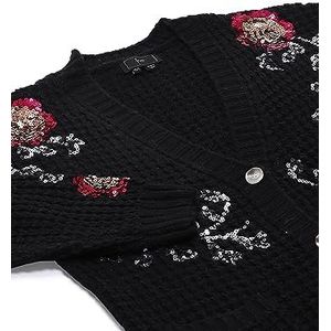 faina Dames middellang, modieus gebreid vest met pailletten en bloemenpatroon ZWART maat XS/S, zwart, XL