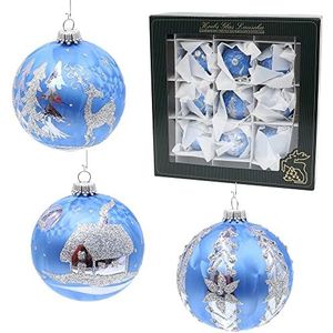 Lauschaer Kerstboomversiering - set van 9 glazen ballen in blauwe ijslak, mondgeblazen en met de hand gedecoreerd met verschillende kachels, met zilveren kroontjes, diameter ca. 8 cm