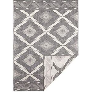 Bougari Malibu Vloerkleed, platweefsel, omkeerbaar tapijt, 80 x 350 cm, 100% polypropyleen, duurzaam en onderhoudsvriendelijk, uv- en vochtbestendig, geschikt voor vloerverwarming, grijs-crème
