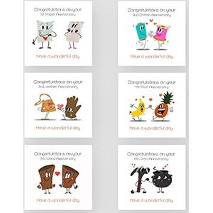 Marvello 1e-12e Cartoon Anniversary Cards Box Set (12 kaarten) - Premium enveloppen inbegrepen - Verschillende ontwerpen - Blank Inside - Voor koppels, vrienden en familie