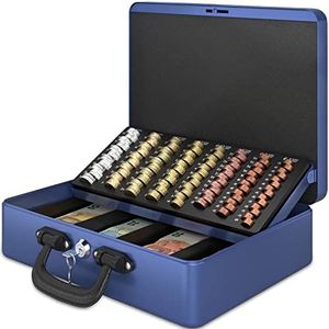 ACROPAQ Geldkistje - Premium, Geldkist met sleutel, 36 x 27 x 11 cm - Geldkluis met muntsorteerder - Blauw