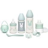 Suavinex 306626 Premium set voor pasgeborenen babyfles 150 ml + 270 ml + 360 ml + melkdoseerder + fopspeen fysiologische siliconen zuiger, groen,8 Stuks