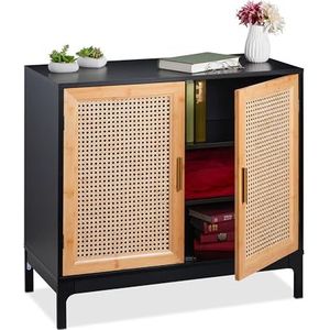 Relaxdays dressoir met rotan vlechtwerk, HxBxD: 76x80x39 cm, opbergkast woonkamer, 2 deuren, mdf & bamboe, natuur/zwart