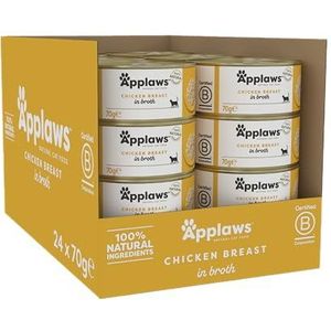 Applaws 100% Natuurlijk Premium Kippenborst Natvoer voor Volwassen Katten in Bouillon - 24 x 70g Blikjes