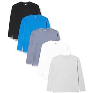 Lower East Heren Shirt met lange mouwen en ronde hals, gemaakt van 100% katoen, Wit/zwart/blauw/grijs/Folkstone grey, set van 5, 3XL