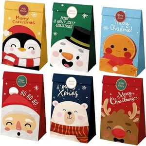 Dohe Kerstzakjes (12 stuks) - 12 stickers om te sluiten, klein formaat 12 x 22 cm, 6 designs, vulbare zakjes voor feestjes, verjaardagen, snoep, koekjes, snoep