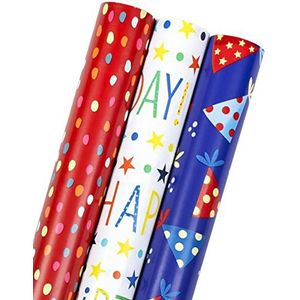 Holijolly Papierrol voor verjaardagsverpakking, mini-rol, 43 cm x 3 m per rol, rood en blauw design (3,93 vierkante meter)