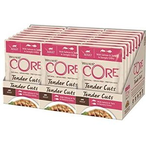 Wellness CORE Tender Cuts, nat kattenvoer in saus, graanvrij, hoog vleesgehalte, zalm en tonijn, 24 x 85 g