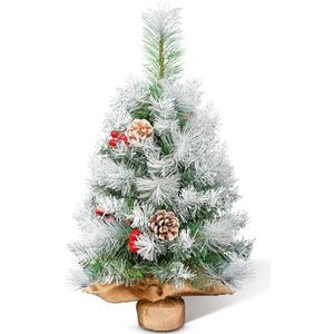 himaly Kunstkerstboom, 60 cm, klein, met sneeuwvlokkendecoratie, dennenappels, rode bessen, dennenbladeren, 80 punten, linnen katoen en cementbasis voor feestelijke sfeer