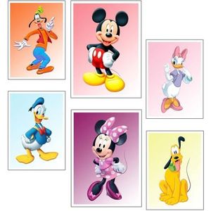 Set van 6 wanddecoraties, moderne woonkamer, slaapkamer, kamer, zonder lijst, kinderen, Mickey, Daisy, Pluto, Goofy, Donald, Minnie (2 x A3 (41 x 29,7 cm), 4 x A4 (29,7 x 21 cm)
