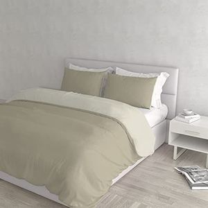 Italian Bed Linen Naturel Color Dekbedovertrek Set met Doubleface Effen Kleur Zaklaken en Kussensloop, Duif Grijs/Crème, Dubbel