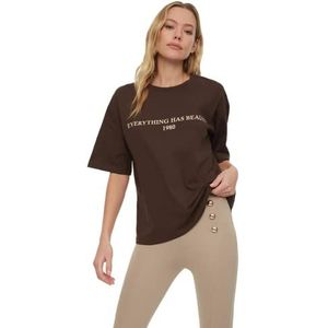 Trendyol Vrouwen Regular Standard Crew Neck Geweven T-shirt, BRON, XL