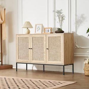VEVOR Rotan kast, rotan opbergkast met 3 magnetische deuren en verstelbare planken, dressoir buffetkast voor hal, entree, woonkamer of keuken, naturel