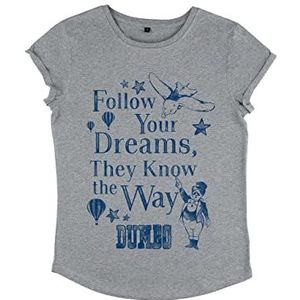 Disney Classics Dumbo-Follow Dreams T-shirt voor dames, organisch opgerolde mouw, gemêleerd grijs, M, grijs (melange grey), M