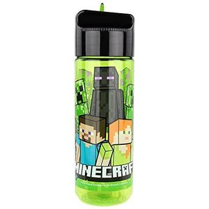 p:os 33171 - drinkfles voor kinderen, ca. 540 ml, transparant design met Minecraft motief en geïntegreerd rietje om omhoog te klappen, van kunststof, BPA-vrij en ftalaatvrij