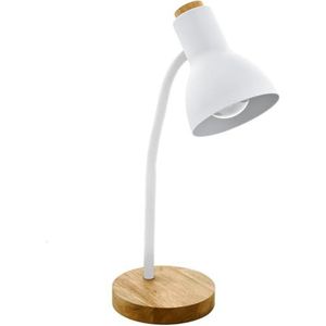 EGLO Tafellamp Veradal, 1-lichts bureaulamp in scandinavisch design, nachtlampje van metaal, kunststof in wit, hout in bruin, tafel lamp voor kantoor met schakelaar, E27 fitting