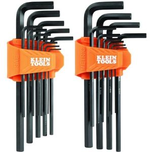 KLEIN TOOLS LS22 22-delige lange zeskantsleutelset, SAE en metrisch, warmtebehandeld, L-stijl sleutelmaten 1/16-inch tot 3/8-inch en 1,5 tot 10 mm