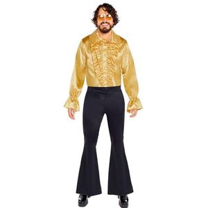 Amscan 9918523 - Heren 1970's Goud Satijn Ruffle Shirt Volwassenen Fancy Dress Costume Maat: Small