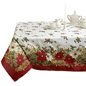 Violet Linnen Decoratieve Europese Bloesem Kerst Tafelkleed, Poinsettia & Holly Berry Print
