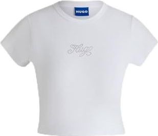 HUGO - T-shirt - Katoen - Zwart - Handgeschreven Logo met Kristallen