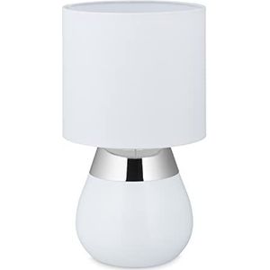 Relaxdays tafellamp, ovale nachtkastlamp met touch, HxD: 33 x 18 cm, E14, lamp met lampenkap, wit/zilver