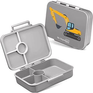 My Vesperbox Bia, Bento Box voor kinderen, nieuw, versterkte sluitingen, lekvrij en BPA-vrij, extreem robuust, lunchbox, broodtrommel, ideaal voor de kinderopvang en op school (grijs, graafmachine)