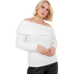 Lovedrobe Dames Jumper Jurk Dames Oversized Lange Trui Off Shoulder Bardot Lange Mouw Parel Verfraaid Knitwear, Ivoor 8-10, Ivoor, 34-36