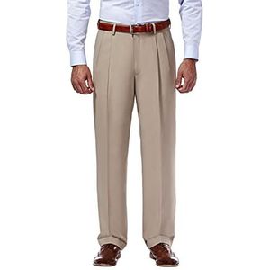 Haggar Heren Mynx Gabardine Plooien Jurk Broek met Verborgen Uitbreidbare Taille, bruin, 40W / 32L