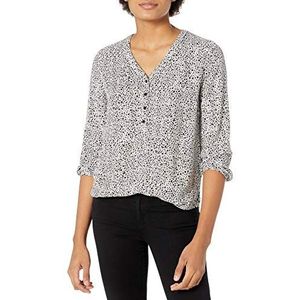 Amazon Essentials Women's Popover shirt met driekwartmouwen en knoopsluiting, Zwart Wit Dierenprint, L