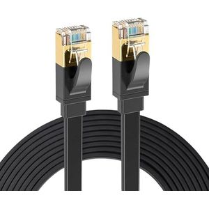 Elfcam® - 15 meter Ethernet-kabel Cat 7 Plat, LAN/WLAN-kabel met vergulde RJ45-stekker, netwerkkabel 100% koper stijve installatiekabel, 32AWG, zwart, 15 m