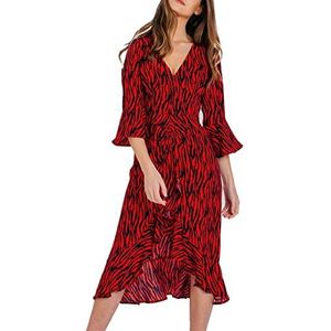Pretty Darling Vrouwen Zebra V-hals Ruche 3/4 Mouw Hoge Taille Casual Boho Cocktail Holiday Midi Jurk, Rood, 10, Rood, 36
