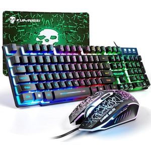 Gaming Toetsenbord en Muis Set, 104 Toetsen Rainbow Backlit QWERTY Toetsenbord + 2400 DPI 4 Knoppen Ademhalings Muis + GRATIS Muismat Combo, USB Bedraad Compatibel met PS4, XBox (Adapter Nodig) Zwart