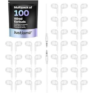 JustJamz Basic Pearl White Headphones Disposable Earbuds Earphones for Kids and Adults, 100 Pack