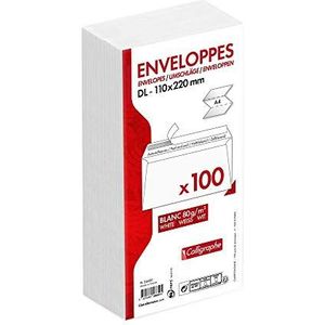 Clairefontaine 5665C - Pakket van 100 witte enveloppen DL-110x220mm - Zelfklevend - 80g/m²- Merk van Clairefontaine