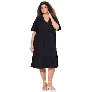 Ulla Popken dames volant jurk met V-hals, zwart, 42-44