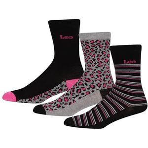 Lee Slimme crew-sokken voor dames in zwart/roze dierenprints | Ontwerperjurk met laag kalf casual wear crew | ultrazachte ademende viscose van bamboe | maat 4-7 multipack van 3, Zwart/Grijs