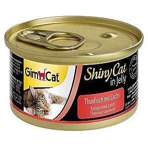 GimCat ShinyCat in Jelly tonijn en zalm - Natvoer voor katten, met vis en taurine - 24 blikken (24 x 70 g)