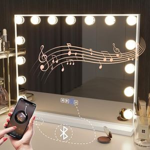 Hansong Bluetooth Make-up Spiegel met verlichting 15 LED-lamp Dresse Spiegel Hollywood Spiegel met USB oplaadpoort 3 kleurtemperaturen grote make-upspiegel voor tafelspiegels of wandspiegel