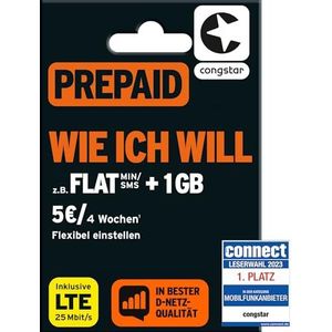 congstar Allnet Flat Plus [SIM, Micro-SIM en Nano-SIM] maandelijks opzegbaar (30,00 euro/maand, 1 GB dataplat met max. 21 Mbit/s, Allnet Flat in alle Duitse netten)