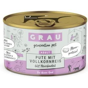GRAU - het origineel - Natvoer voor honden - Kalkoen met volkorenrijst, 6 verpakking (6 x 200 g), monoproteïne, glutenvrij, voor volwassen honden