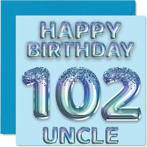 102e verjaardagskaart voor oom - blauwe glitter feestballonnen - gelukkige verjaardagskaarten voor 102-jarige oom uit neef nichtje, 145 mm x 145 mm verjaardagskaarten cadeau